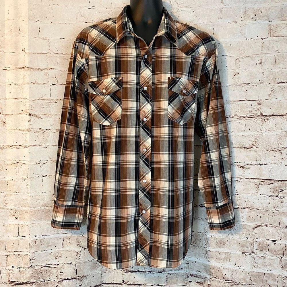 Roper Mens Button Down Shirt Long Sleeve Plaid Pocket Pearl Snap Brown XL